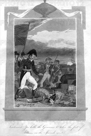 Lieutenant Yeo kills the governor and takes the fort of Muros on the Spanish coast, 1816. Artist: T Wallis