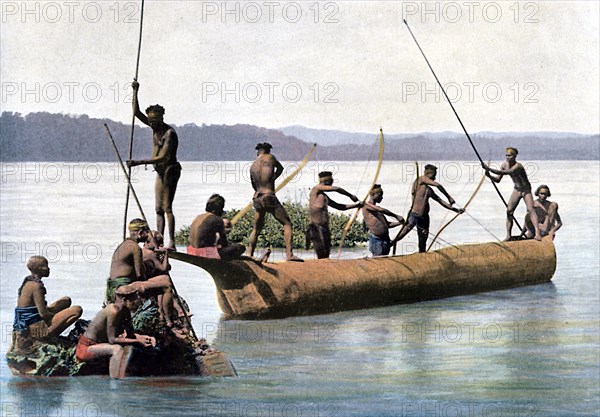 Fishing with a bow, Andaman and Nicobar Islands, Indian Ocean, c1890.Artist: Gillot