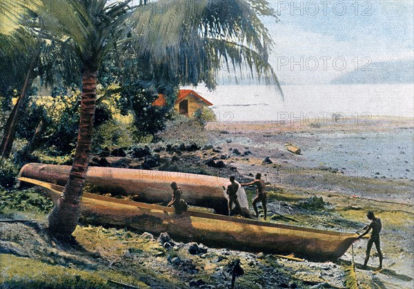Building canoes, Andaman and Nicobar Islands, Indian Ocean, c1890. Artist: Gillot
