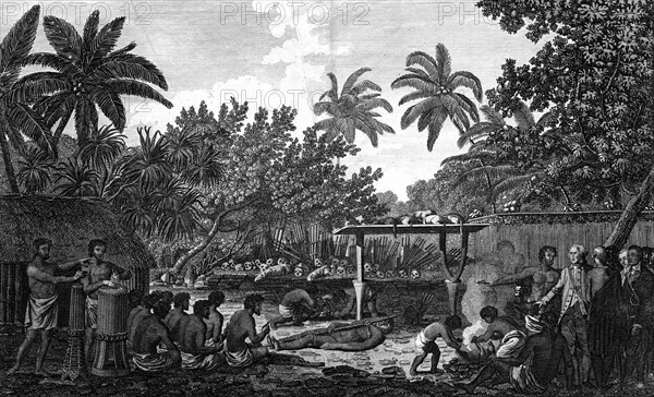 'A Human Sacrifice in a Morai, in Otaheite; in the presence of Captain Cook', c1773. Artist: Unknown