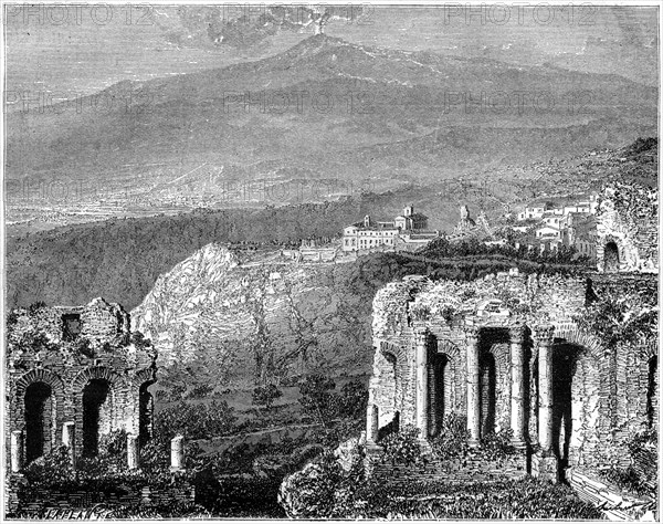 Mount Etna and a view of Taormina, Sicily, Italy, 19th century. Artist: Hubert Clerget