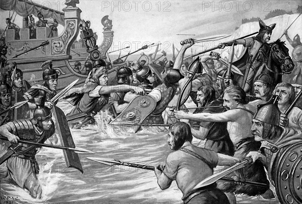 The landing of Julius Caesar in Britain, 55 BC, (c1920s).Artist: Richard Caton Woodville II