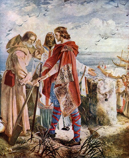 Egfrith offering the Bishopric of Hexham to Cuthbert, 678, (c1920). Artist: William Bell Scott