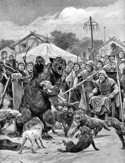 Bear-baiting in Saxon times, (c1920).Artist: Richard Caton Woodville II