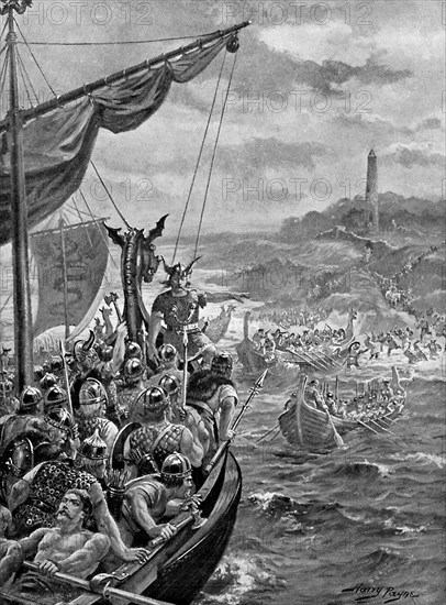An attack of the Danes on Ireland, 9th century AD, (c1920).Artist: Henry Payne