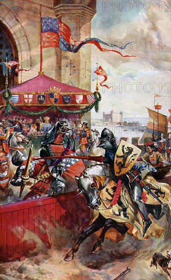 'A Joust on London Bridge', 1390, (c1920). Artist: Unknown