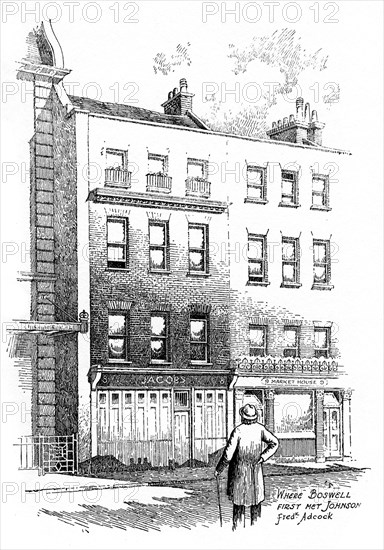 Where James Boswell first met Dr Johnson, London, (1912). Artist: Frederick Adcock