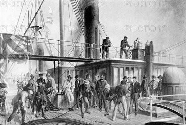 The 'Great Eastern' recovering the lost Atlantic cable, 1866, (c1920). Artist: Unknown