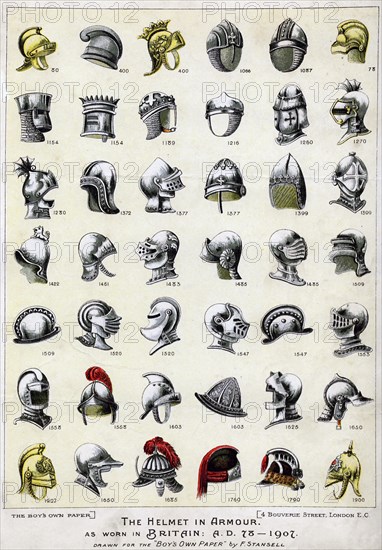 The helmet in armour as worn in Britain from 78 AD to 1901. Artist: F Stansell