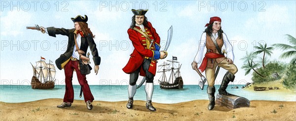 Anne Bonny, John 'Calico Jack' Rackam and Mary Read, 18th Century Pirates.Artist: Karen Humpage