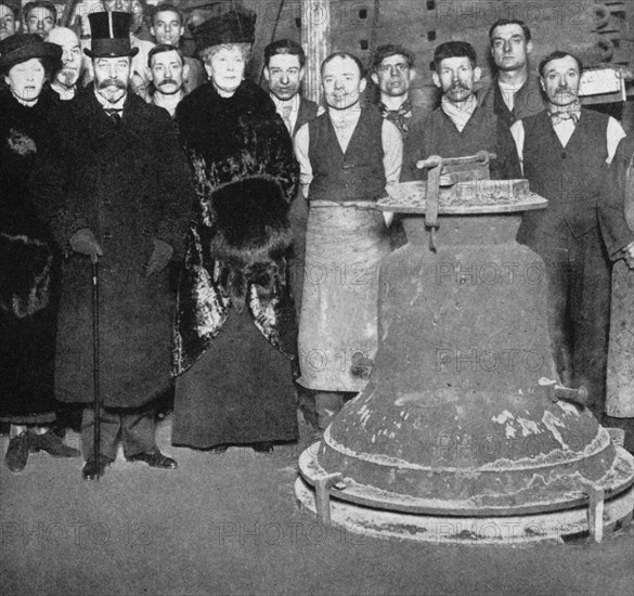 King George with the 'Victory' bell for Westminster Abbey, c1910s-c1920s (1936). Artist: Unknown