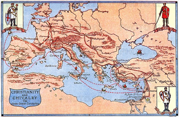 Map of the routes of the three great crusades, 1926.Artist: Criss