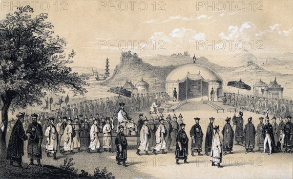 Approach of the Emperor of China, to receive the British ambassador, 1847. Artist: JW Giles