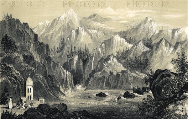Pilgrims at the source of the Ganges, India, 1847. Artist: Unknown