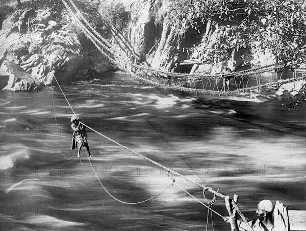Rope bridge, Jhelum Valley, Kashmir, India, c1900. Artist: F Bremner