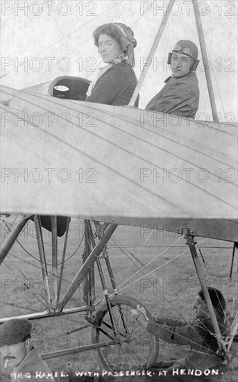 Mr G Hemel with passenger, Hendon, London, c1910s. Artist: Unknown