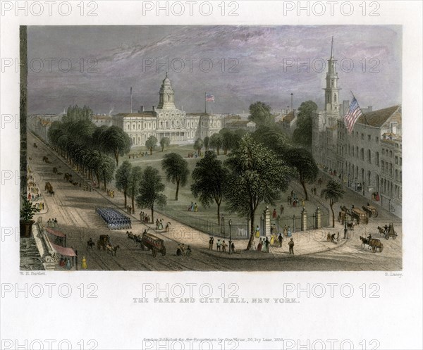 The Park and City Hall, New York, USA, 1838.Artist: S Lacey