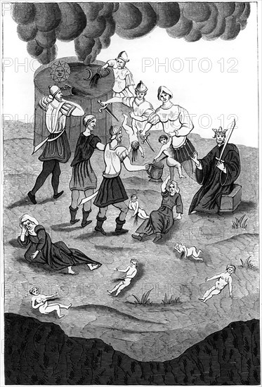 Jews taking the blood from christian children for their mystic rites, 1849. Artist: A Bisson