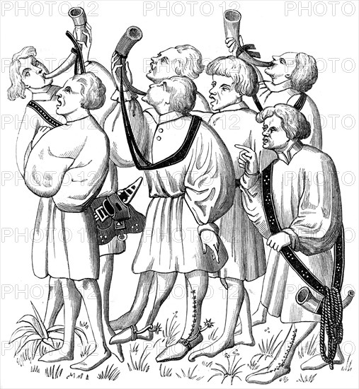 How to shout and blow horns, 15th century (1849). Artist: Unknown