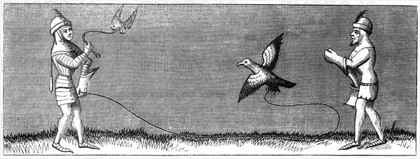How to train a young falcon, 14th century (1849). Artist: Unknown