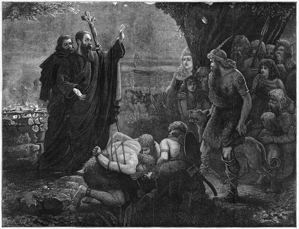 Christian missionaries interrupting a human sacrifice, 1878.Artist: J Christie