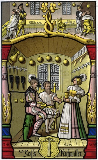 Barber and wigmaker, 16th century (1849).Artist: H Moulin