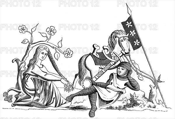 A knight and a maiden, 13th century (1849). Artist: Unknown