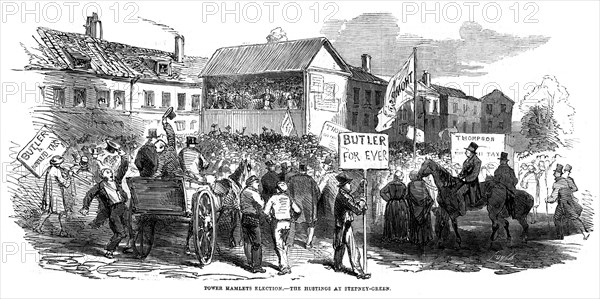 Election hustings in Stepney Green during the Tower Hamlets election, London, 1852. Artist: Unknown