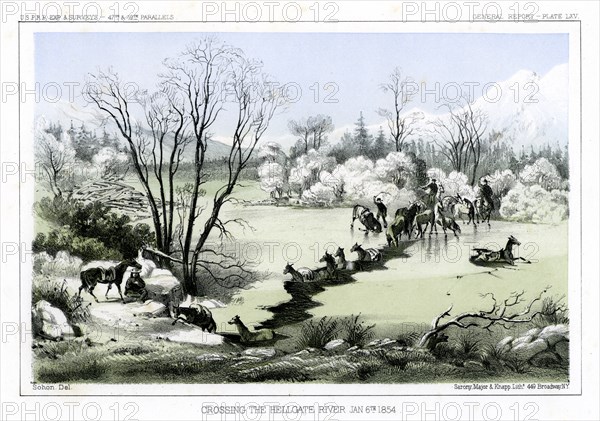 Crossing the Hellgate River, 6 January 1854 (1856).Artist: John Mix Stanley