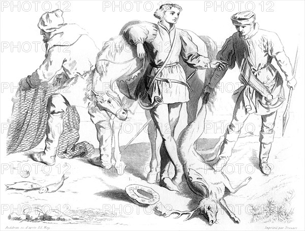 English hunter, gamekeeper and fisherman, 1435 (1849).Artist: Drouart