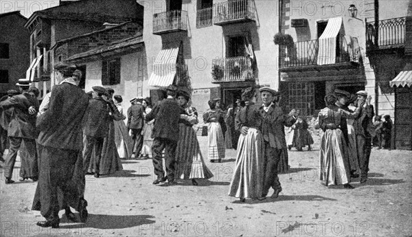 Country dance after a church service on feast days, Andorra, 1922.Artist: JT Parfit