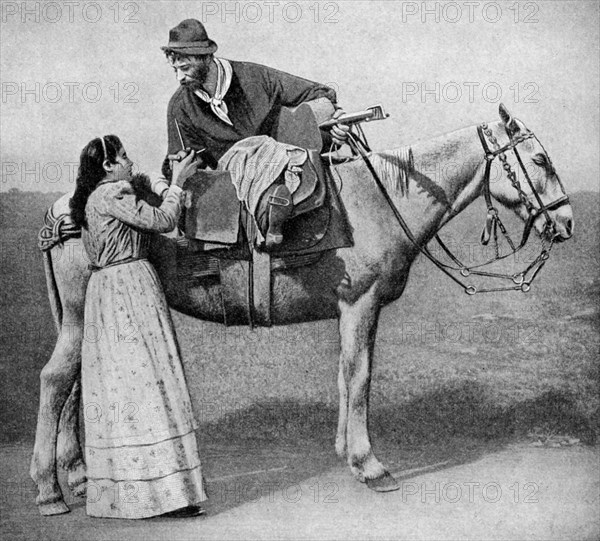 Gaucho sweethearts exchange mate cups, Argentina, 1922. Artist: Unknown