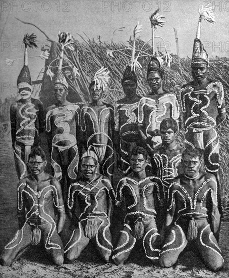 Men of the 'Never Never land', in totem attire, Australia, 1922.Artist: PJ MacMahon