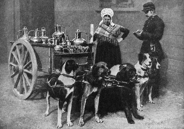 A milkwoman with a government inspector, Belgium, 1922. Artist: Unknown