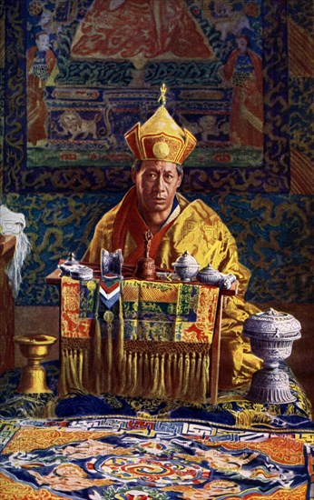 The Deb Raja, acting head of the Buddhist Church of Bhutan, 1922.Artist: John Claude White