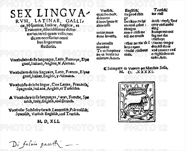 Hexaglot traveller's dictionary, 1541, (1901). Artist: Melchiorre Sessa