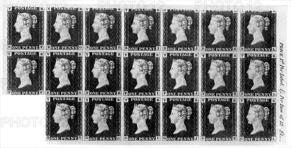 Block of twenty 'Penny Black' stamps, 1840, (1910). Artist: Unknown