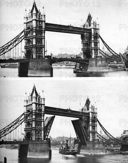 Tower Bridge open and closed, London, 1926-1927. Artist: McLeish