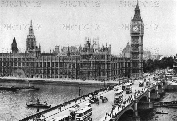 The Houses of Parliament and Westminster Bridge, London, 1926-1927. Artist: Unknown