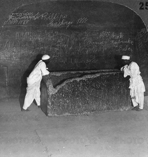 'Khufu's sarcophagus, broken by robbers, in the Great Pyramid, Egypt', 1905.Artist: Underwood & Underwood