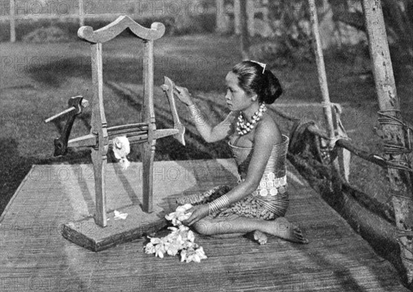 Iban woman making thread with a mangle, Borneo, 1922. Artist: Dr Charles Hose