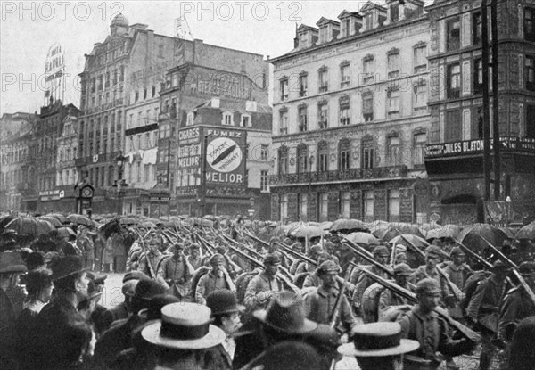 The German army marching through Brussels, First World War, c1914 (1920). Artist: Unknown