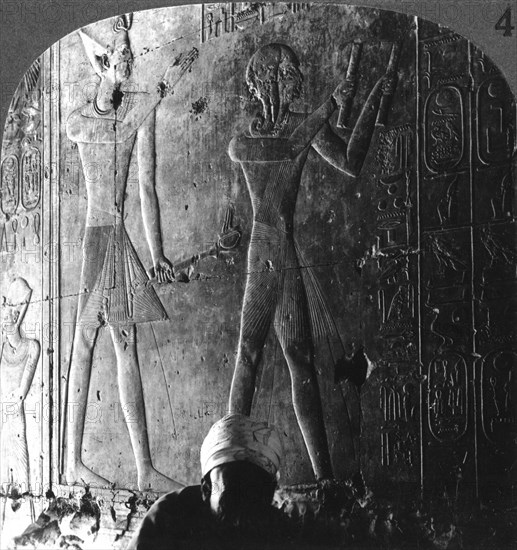 Sethos I and his son Ramses II worshiping their ancestors, Abydos, Egypt, c1900.Artist: Underwood & Underwood