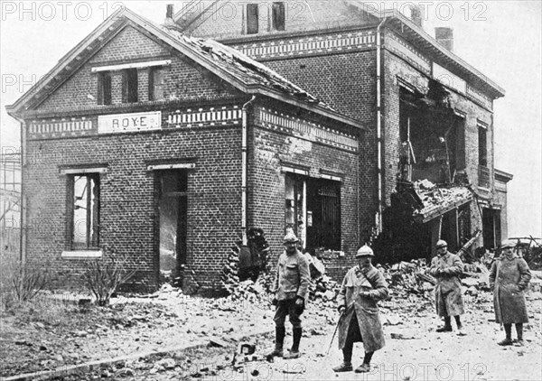 Damaged railway station at Roye, France, First World War, 1918, (c1920). Artist: Unknown