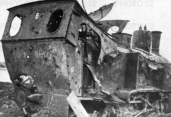 Smashed locomotive at Peronne, France, First World War, 1917, (c1920). Artist: Unknown