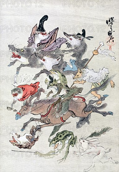 Animals and ambhipibians in a hunting scene, 20th century. Artist: Unknown