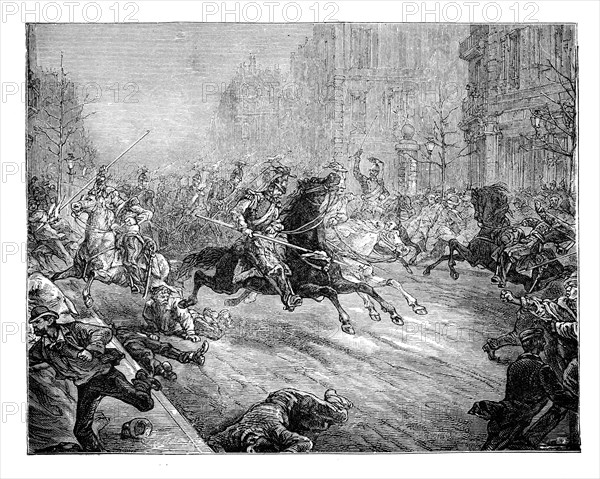 'The coup d'etat, lancers charging the crowd in the boulevards of Paris', 19th century. Artist: Unknown