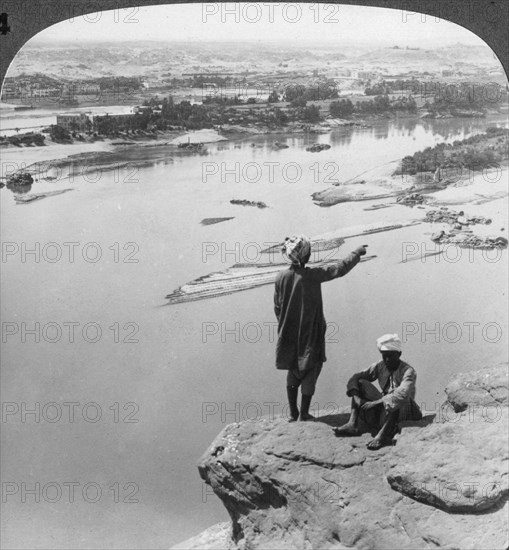 Aswan and the island of Elephantine as seen from the western cliffs, Egypt, 1905.Artist: Underwood & Underwood