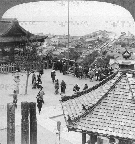 Looking east from Mildera temple over Otsu and lake Biwa, Japan, 1904.Artist: Underwood & Underwood