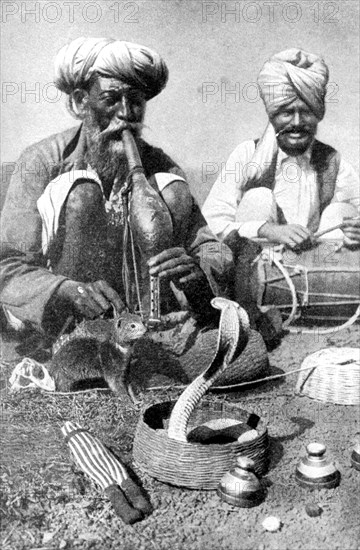 Charming the venom from a cobra; a snake charmer with a mongoose, India, 1922.Artist: JH Powell